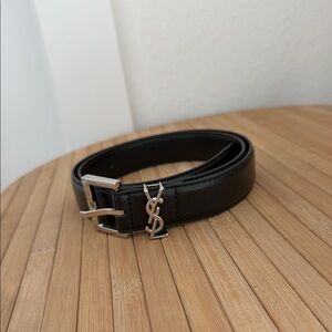 Saint Laurent Black Leather Belt with Silver YSL Charm